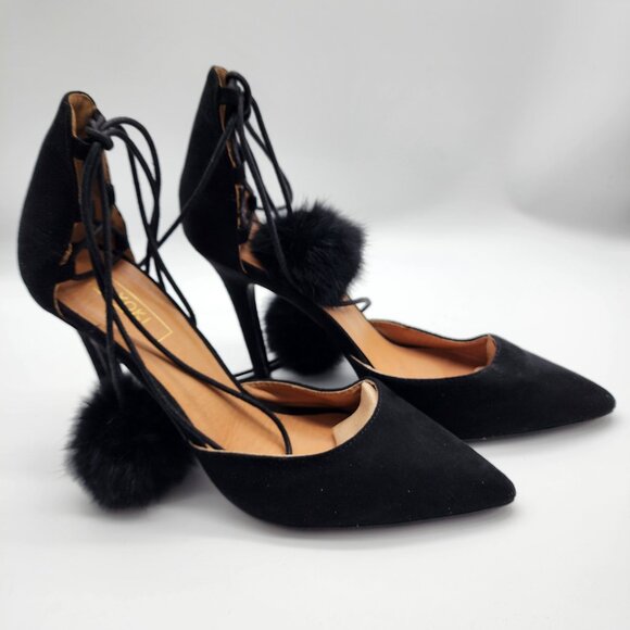 Yoki Elise  Women's Velvet Heels with Pom Poms Size 9.5 Black - Picture 8 of 14